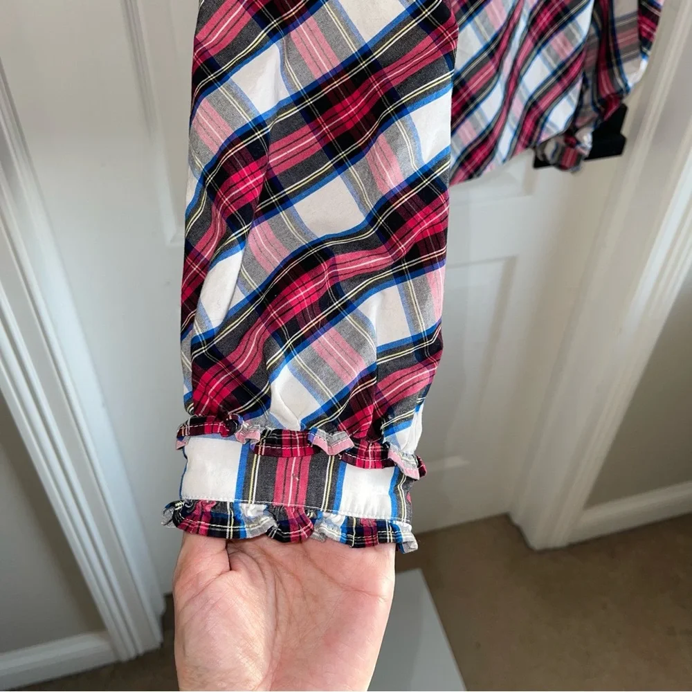 J.Crew Plaid Ruffle Neck Blouse Size L Red Blue White Cotton Long Sleeve Top